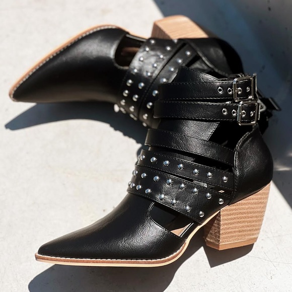 NEW Black Studded Cutout Buckle Strap Pointy
Toe Block Heel Ankle Booties Vegan - Picture 9 of 15